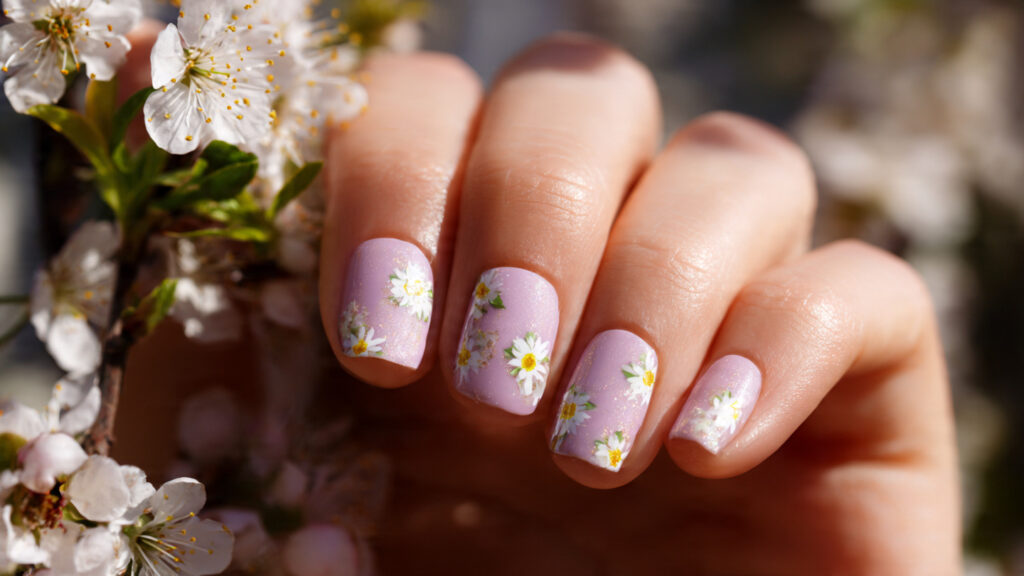 floral short Easter nails with lavender base and daisies