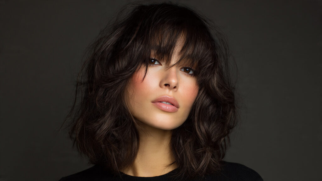 Shoulder length hair with wispy bangs.