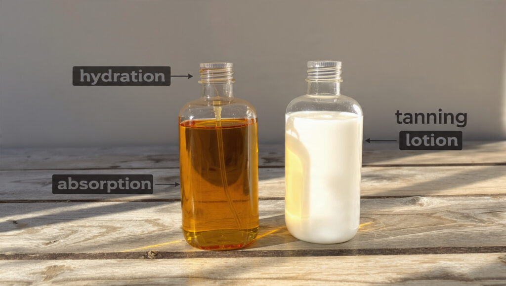 Comparison of tanning oil and tanning lotion bottles showing differences in texture and usage.