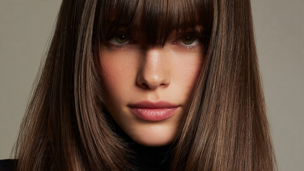 Straight hairstyle with wispy bangs.