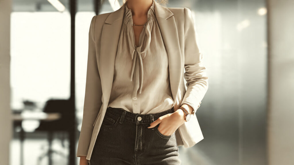 blazer with dark jeans office outfit