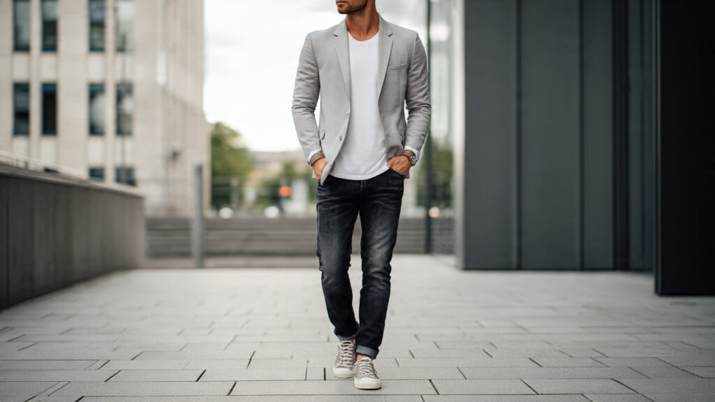 lightweight blazer t shirt dark jeans spring outfit men