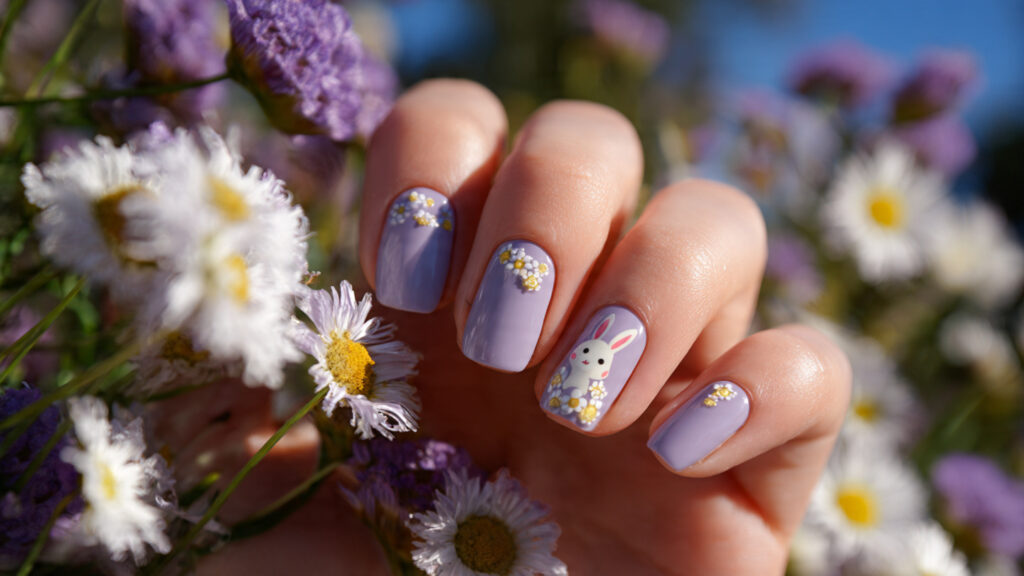 Lavender Easter bunny nails with floral details.