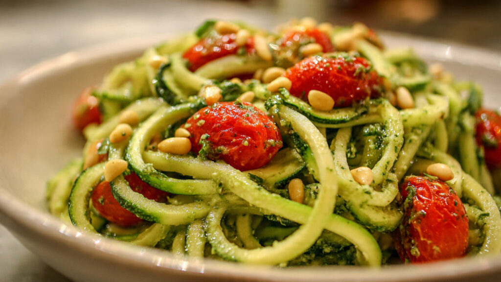 Zucchini noodles with basil pesto and cherry tomatoes on a plate