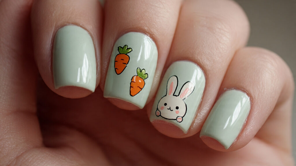 Green Easter bunny nails with carrot art.