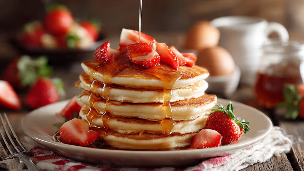 Pancakes with fresh strawberries for breakfast.
