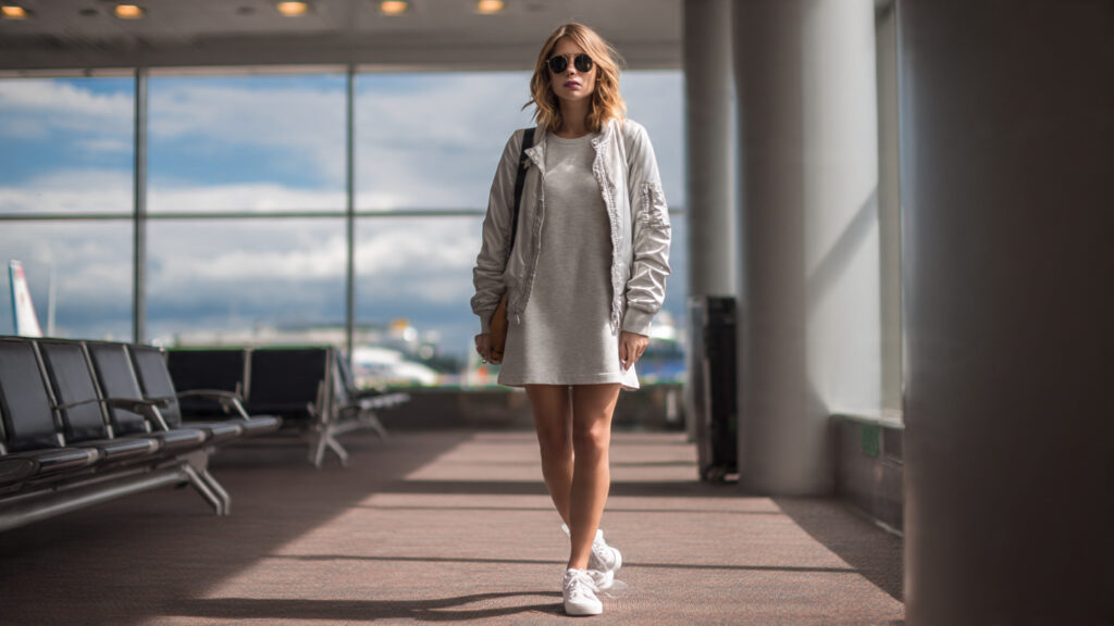 t-shirt dress airport outfit with sneakers comfortable and stylish travel look