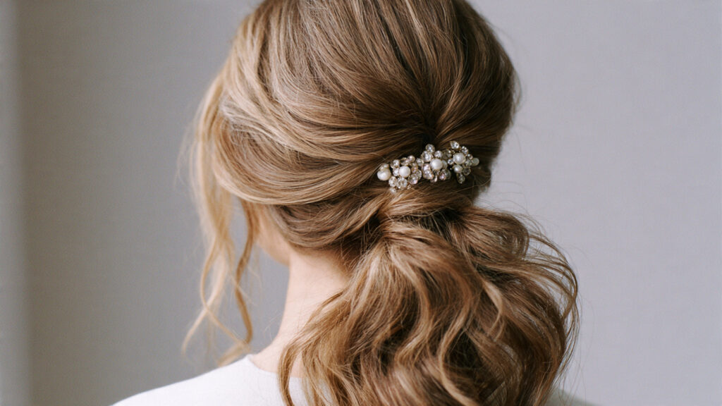 textured low ponytail prom hairstyle