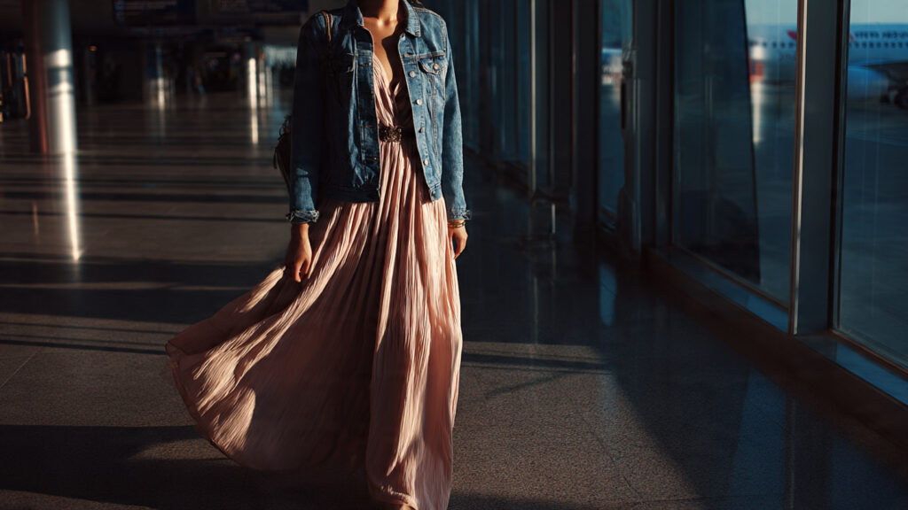 maxi dress with denim jacket airport outfit stylish and breathable travel look