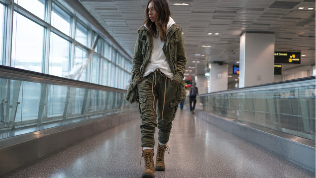 utility jacket airport outfit with joggers practical and stylish travel wear