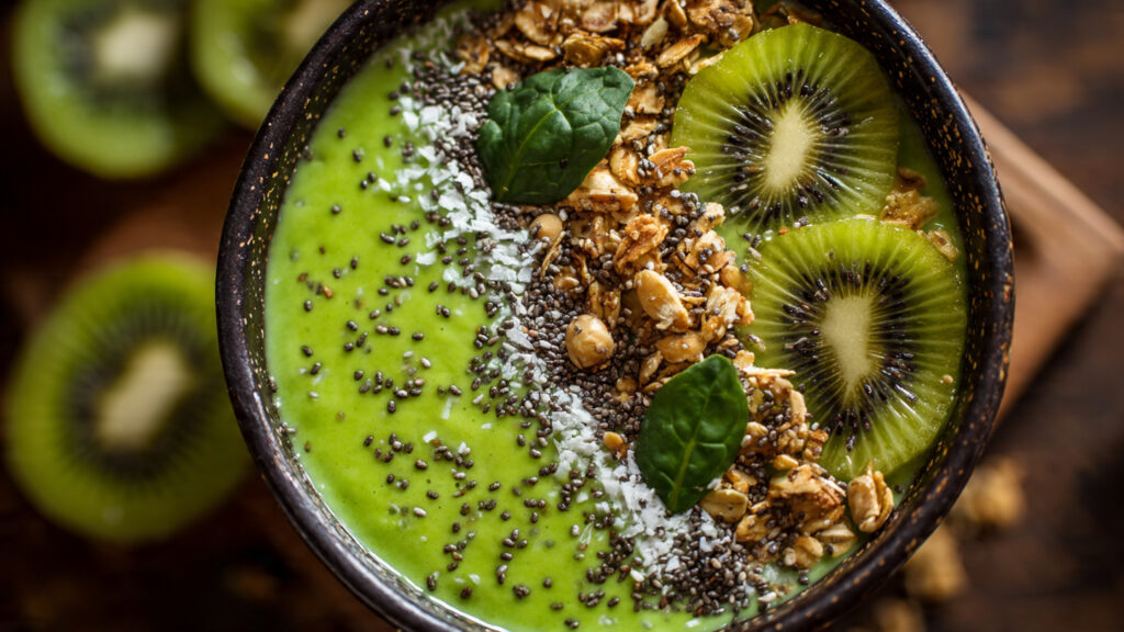 Green smoothie bowl with kiwi, spinach, chia seeds, and granola