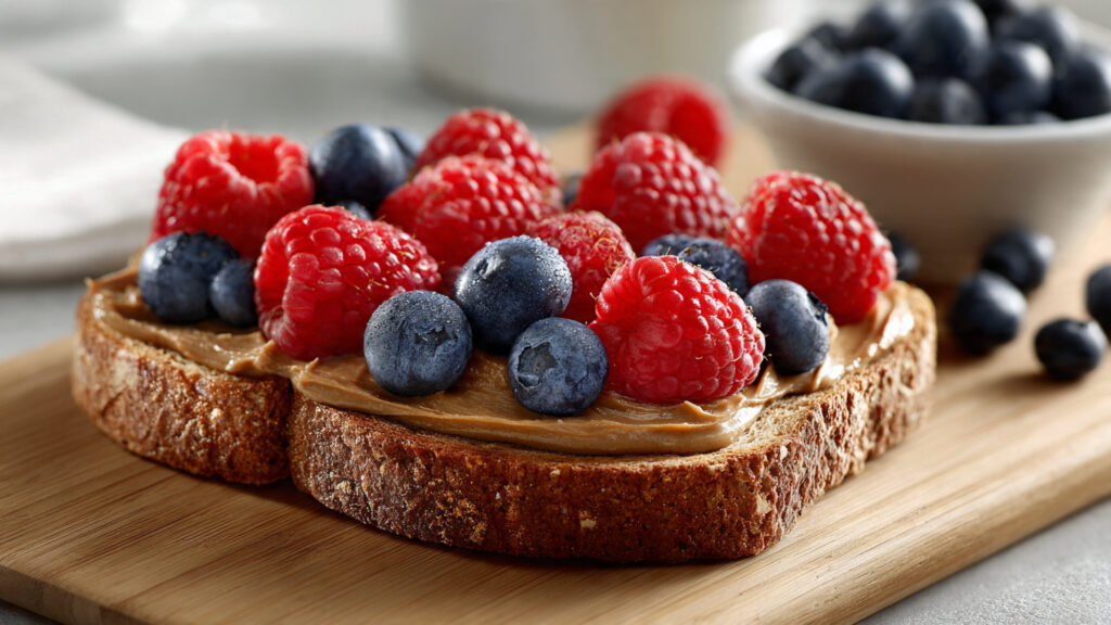Almond butter toast with berries for easy breakfast.