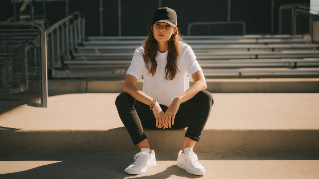 Woman in team T-shirt and skinny jeans at a baseball game