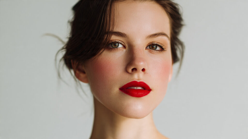 Bold red lipstick minimal makeup look.