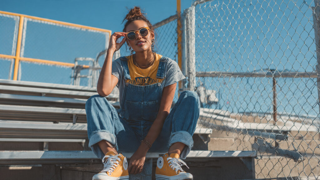 Denim overalls and T-shirt outfit for baseball game