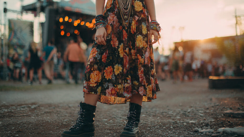 Flowy dress with combat boots concert outfit idea.
