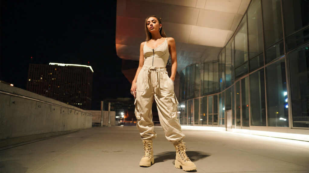 Cargo pants and bodysuit concert outfit idea.