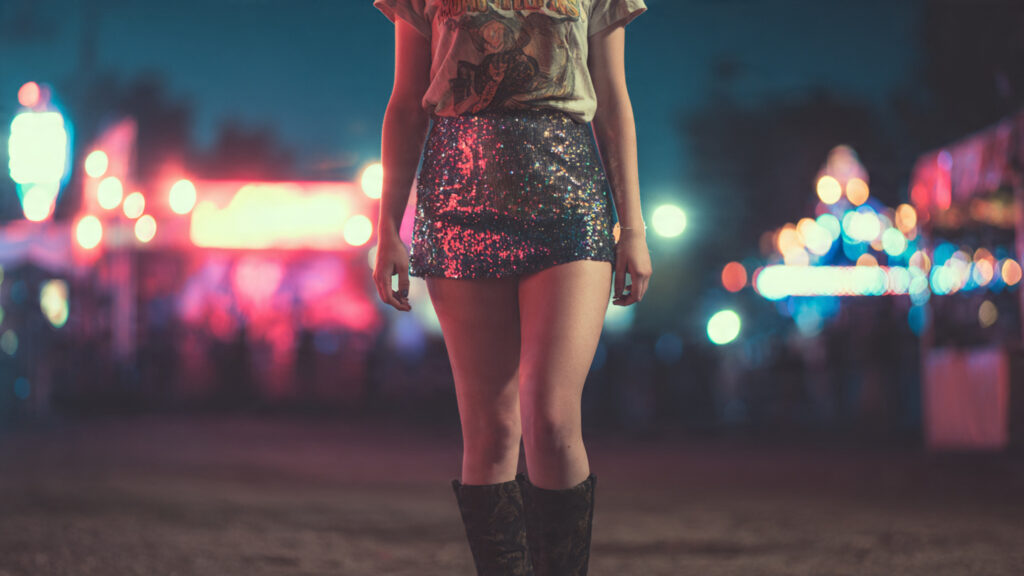 Sequin skirt and band tee stylish concert outfit.