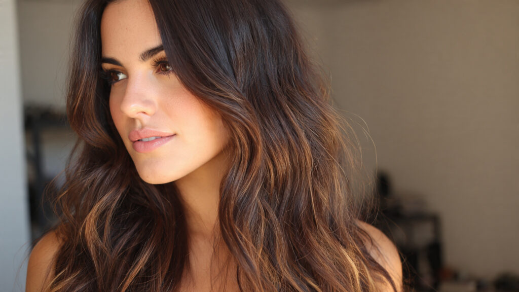 Sun-kissed brunette layered hairstyle with soft waves.