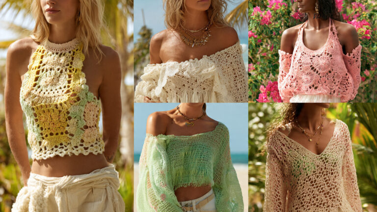 Trendy crochet top ideas for summer featuring halter, granny square, and mesh styles.