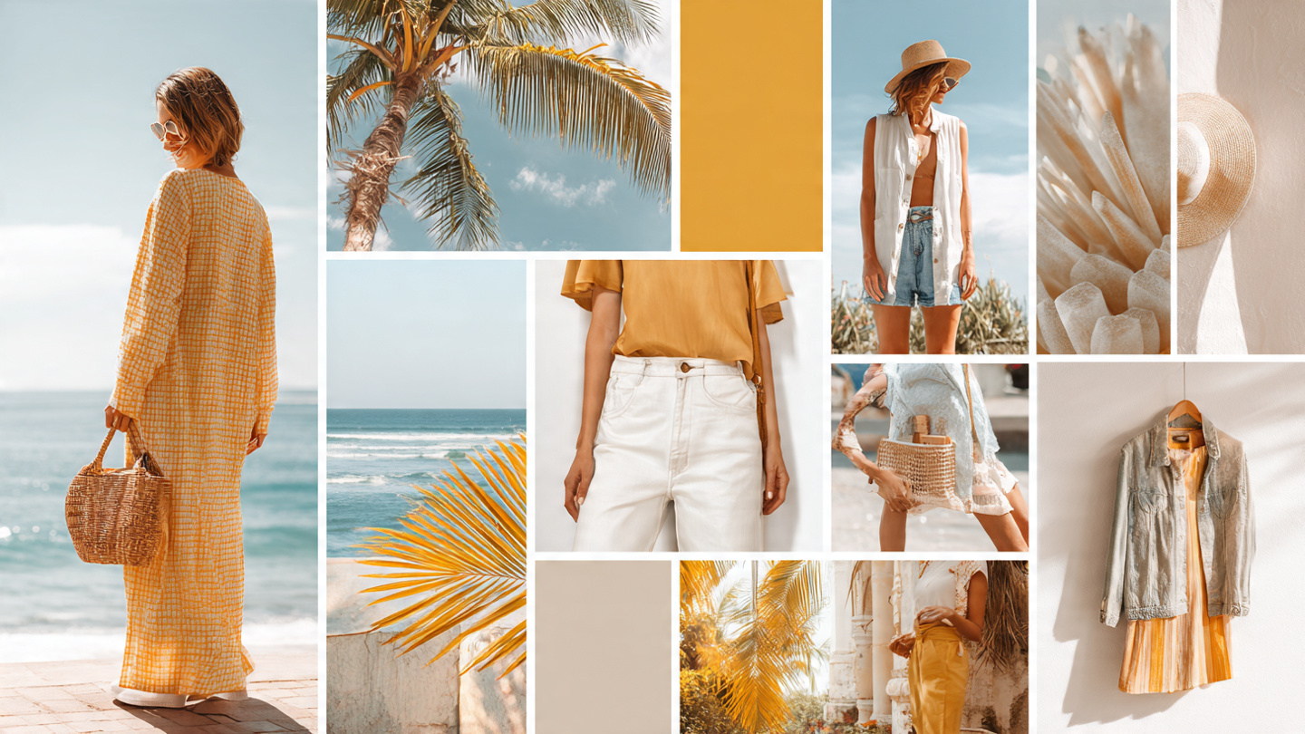 summer vacation outfit looks collage with beach and travel fashion styles