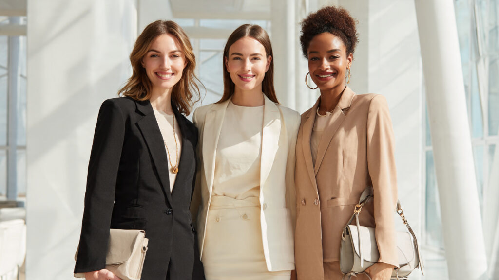 Career fair outfit looks featuring suits, blazers, and professional attire for women.