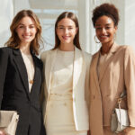 Career fair outfit looks featuring suits, blazers, and professional attire for women.