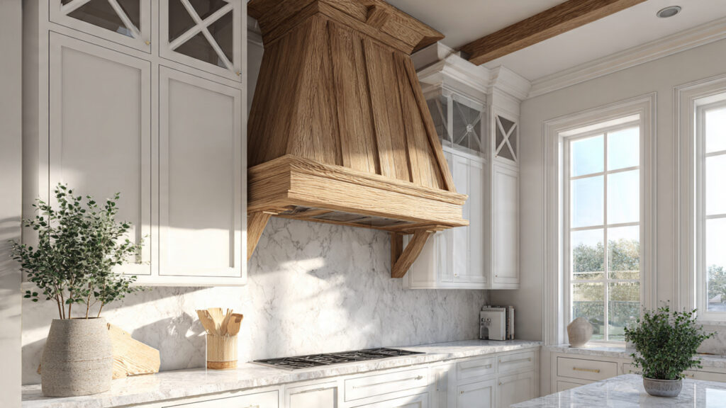 farmhouse wooden diy vent hood cover in rustic kitchen design