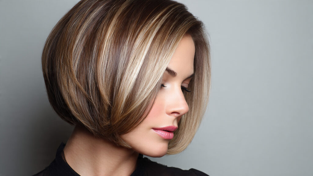 Brunette bob with beige blonde highlights.