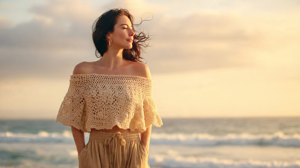 Off-shoulder crochet top for romantic summer style.