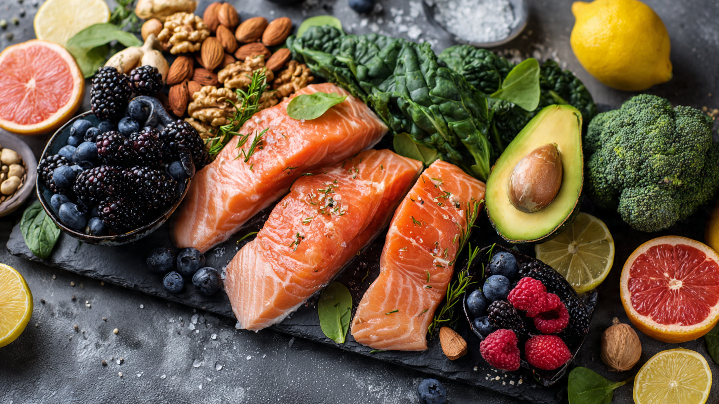 selection of cortisol reducing foods including greens, berries, nuts, and salmon for stress relief