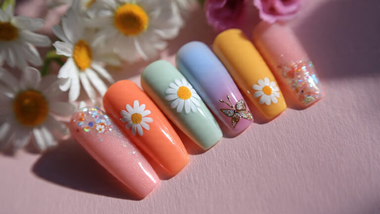 spring nails inspo with pastel floral manicure designs