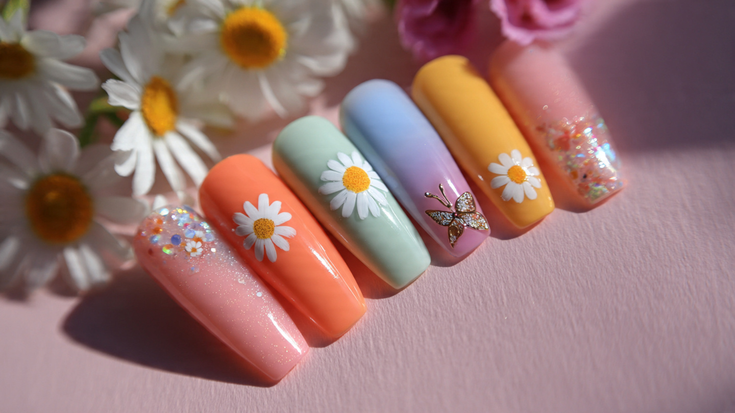 spring nails inspo with pastel floral manicure designs