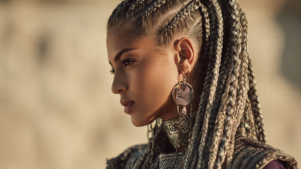 tribal braided hairstyle with patterns for Black women